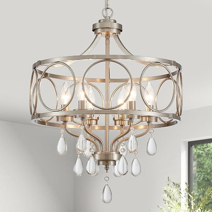 Crystal Chandeliers for Dining Room,17.7" Brushed Nickel 6 Lights Hanging Pendant Lighting Fixture Metal Farmhouse Chandelier for Kitchen Island Entryway Living Room