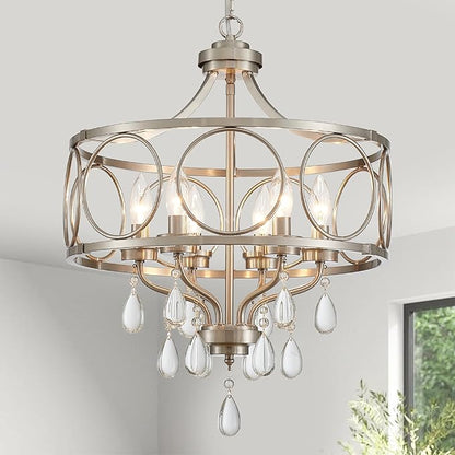 Crystal Chandeliers for Dining Room,17.7" Brushed Nickel 6 Lights Hanging Pendant Lighting Fixture Metal Farmhouse Chandelier for Kitchen Island Entryway Living Room