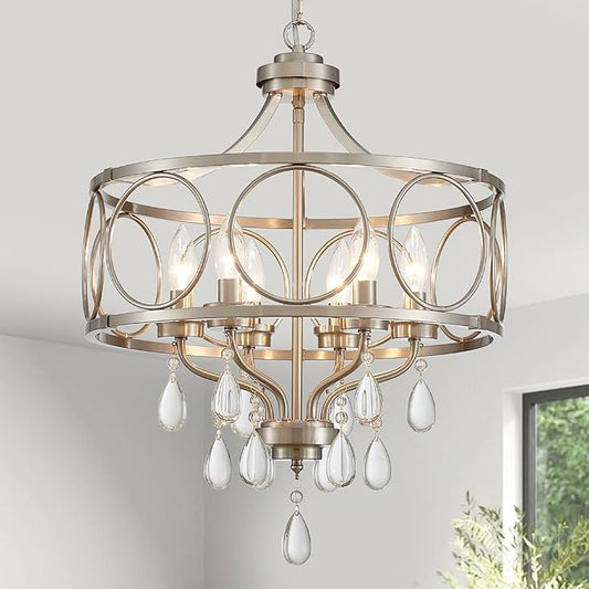 Crystal Chandeliers for Dining Room,17.7" Brushed Nickel 6 Lights Hanging Pendant Lighting Fixture Metal Farmhouse Chandelier for Kitchen Island Entryway Living Room