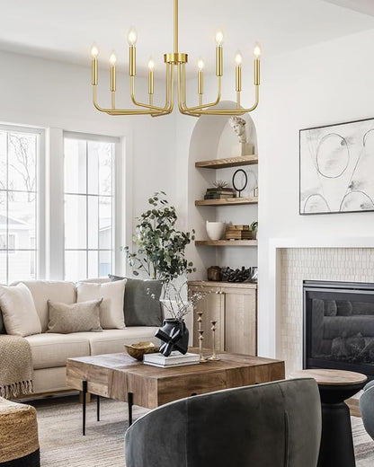 Yunnix 8 Light Modern Brushed Gold Chandelier for Dining Room Light Fixtures Over Table, Vintage Brass Master Bedroom Chandelier for Entryway, Foyer, Staircase, Kitchen and Living Room