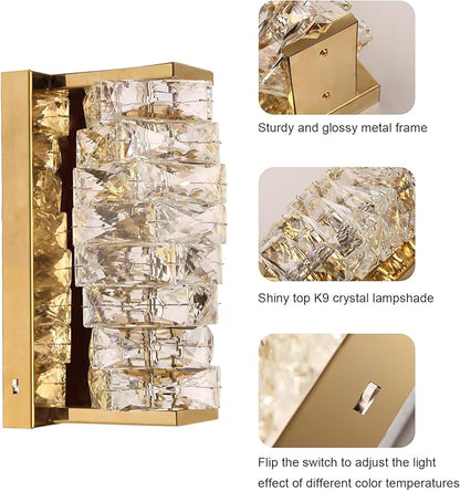 HuisMier Gold Crystal Wall Sconce, Modern Dimmable LED Sconces Wall Lighting, Luxury Vanity Light Fixture Bathroom Wall Sconces for Living Room Bedside Hallway Stairway