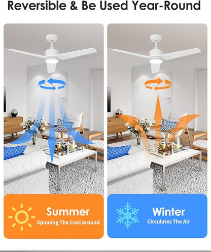 Newday 52 Inch White Ceiling Fan with Lights and Remote, Modern DC Motor Ceiling Fan with 3 Reversible White/Natural Wood Blades, 3CCT Dimmable LED, 6 Speeds, Quiet Fan for Nursery, Bedroom, Patio
