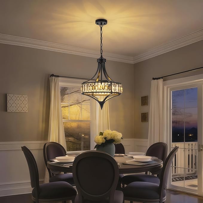 Black Crystal Chandeliers for Dining Room, 15.7" Modern Farmhouse Foyer Chandelier for Entryway, 4-Light Pendant Light Fixtures Over Table for Kitchen Island Bathroom Living Room Bedroom