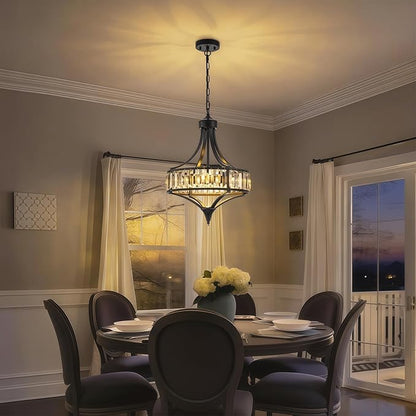 Black Crystal Chandeliers for Dining Room, 15.7" Modern Farmhouse Foyer Chandelier for Entryway, 4-Light Pendant Light Fixtures Over Table for Kitchen Island Bathroom Living Room Bedroom