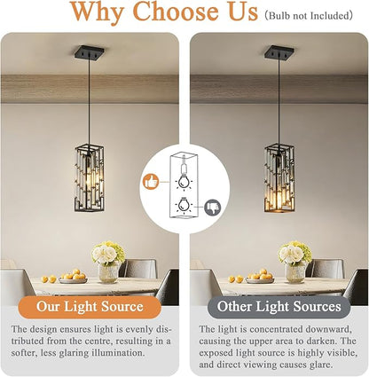 Black Pendant Lights Kitchen Island 2 Pack, Adjustable Modern Pendant Light Fixtures, Mini Crystal Chandeliers for Dining Room Bedroom Foyer Hallway