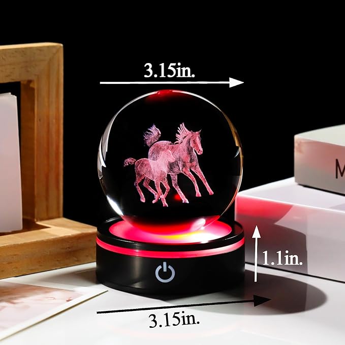 YWHL 3D Horse Figurine Crystal Ball with Colorful Light Base, Glass Horse Gifts for Women Girls on Birthday Christmas, Laser Engraved Horses Statue Sphere Decor for Home Office(80mm)