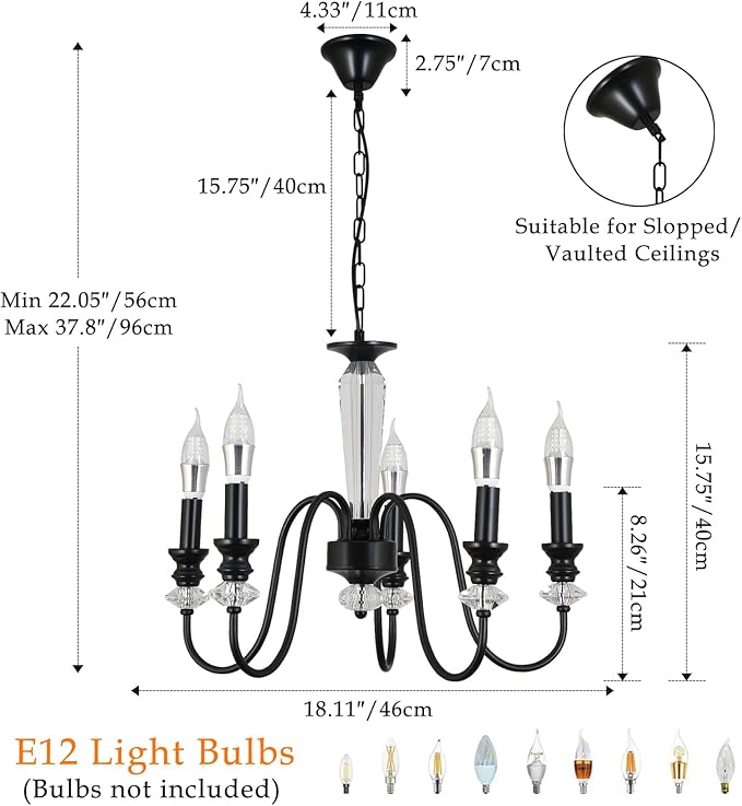 Black Chandelier, 5-Light Farmhouse Candle Chandelier for Living Room, Rustic Industrial Pendant Chandeliers for Dining Room, Vintage Crystal Hanging Light fixture for Hallway Kitchen Foyer E12