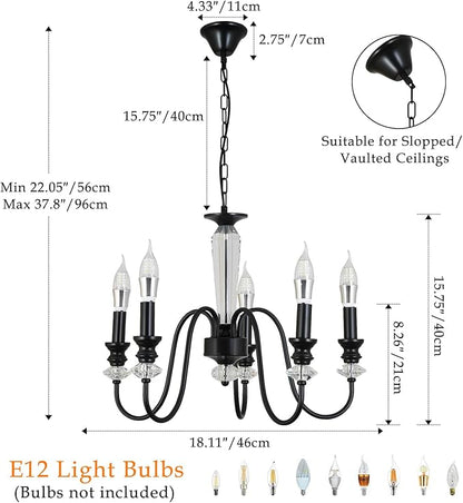 Black Chandelier, 5-Light Farmhouse Candle Chandelier for Living Room, Rustic Industrial Pendant Chandeliers for Dining Room, Vintage Crystal Hanging Light fixture for Hallway Kitchen Foyer E12
