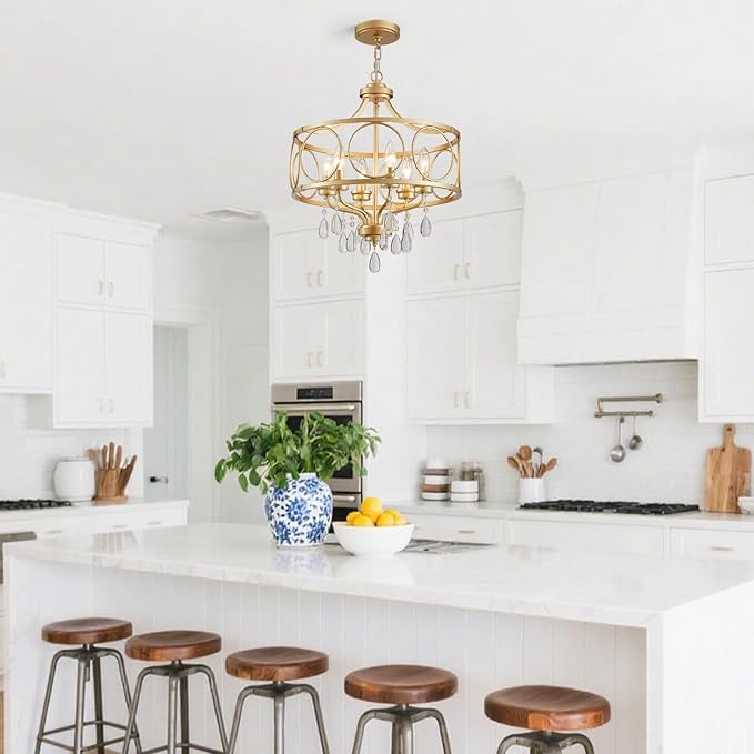 6-Light Modern Gold Crystal Chandelier, 17.7" Farmhouse Ceiling Light Fixture, Hanging Metal Pendant Lights Kitchen Island Dining Room Entryway Foyer