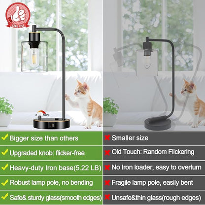 Set of 2 Black and Gold Industrial Table Lamps with USB Port, Fully Stepless Dimmable Bedside Lamps for bedrooms, Nightstand Desk Lamps with Clear Glass Shade for Reading Office 2 LED Bulb Included
