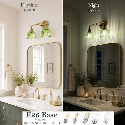 2-Light Gold Brass Bathroom Light Fixture,Wall Sconces,Brushed Gold Vanlity Light Over Mirror,Bathroom Vanity Light with Green Glass Flower Shade,E26 Socket(Bulbs Not Included)