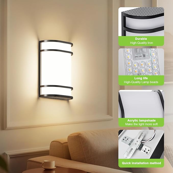 Led Wall Lights Indoor- Modern Wall Sconce Lighting 3000K/4500K/6000K Adjustable Led Wall Lamps for Hallway, Staircase, Corridor, Bedroom, Living Room, Kitchen (2, Black)