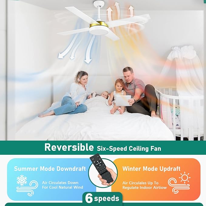 YITAHOME 52 Inch White Gold Ceiling Fans with Light and Remote, Dimmable Fan for Indoor, Modern Wood LED Fan with Quiet Reversible Motor, Memory Function, for Bedroom, Living Room