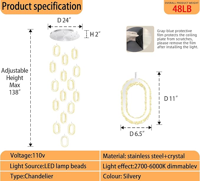 Large Ring Drop Chandelier for Stair Long Spiral Crystal Chandeliers for High Ceiling LED Crystal Ring Chandelier Dimmable 2700K-6000K 16-Light Silver