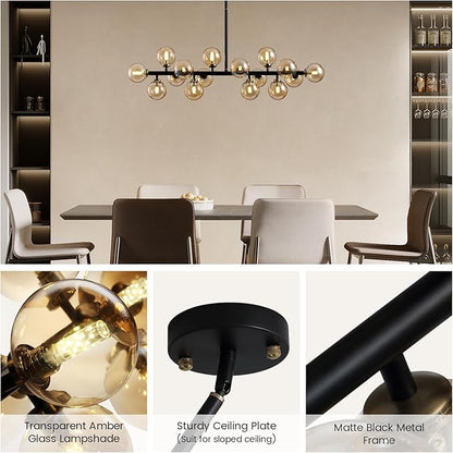 Mid Century Modern Chandeliers for Dining Room, 39" Linear Pendant Light Fixtures with Amber Glass Globe, 16-Light Sputnik Hanging Light for Living Room Kitchen Island