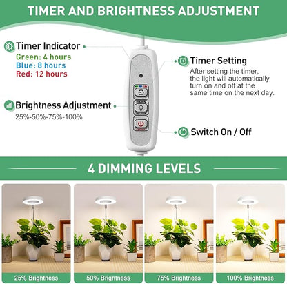 LORDEM Plant Grow Light, Full Spectrum Halo Desk Light, Height Adjustable 7.8"-26", LED Growing Lamp, Automatic Timer 4H/8H/12H, 4 Level Dimmable, Ideal for Indoor Plants, White, 3 Pack