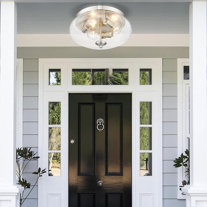 Darkaway Large Ceiling Light Fixtures 3-Ight Flush Mount Indoor Outdoor Ceiling Light with Seeded Glass Shade for Hallway Kitchen Bedroom Porch Living Room Dining Room Nickel Finish