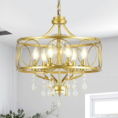 6-Light Modern Gold Crystal Chandelier Dining Room Pendant Lighting Fixture for Farmhouse Bedroom Living Room Kitchen Entryway E12 Bulbs Not Included