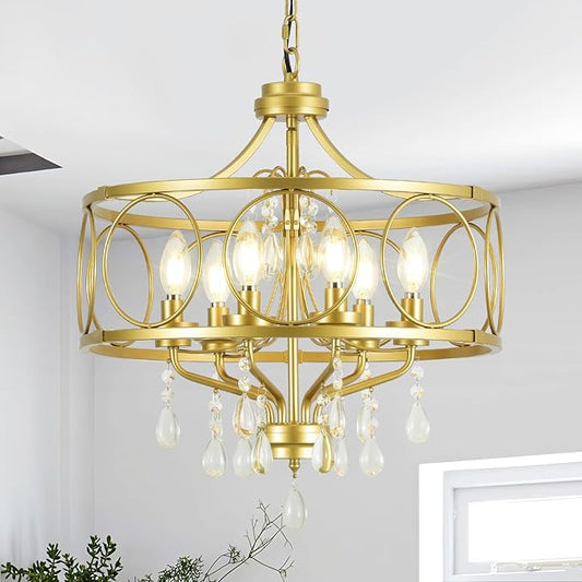 6-Light Modern Gold Crystal Chandelier Dining Room Pendant Lighting Fixture for Farmhouse Bedroom Living Room Kitchen Entryway E12 Bulbs Not Included