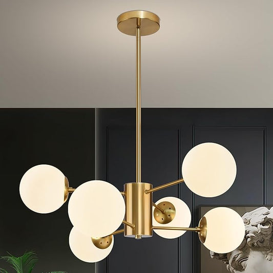 Bagood 6-Light Globe Sputnik Chandelier Milk Glass Modern Gold Chandelier Light Fixture Mid Century Sputnik Chandeliers Pendant Light Frosted Globe Adjustable Hanging Ceiling Light for Entryway