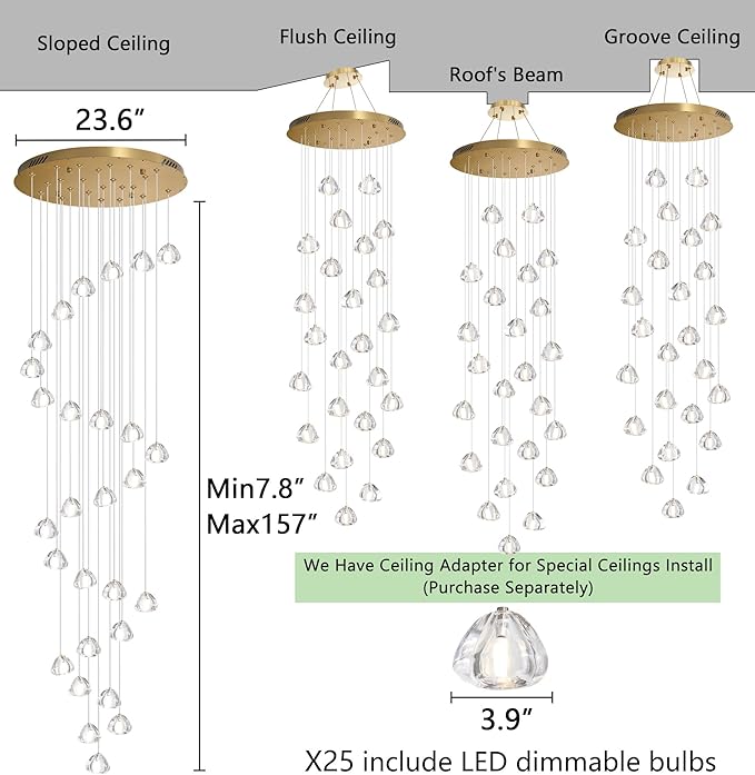 HAIXIANG 157 Inches Long Chandelier Bubble Crystal Balls Glam Chandeliers Dimmable Light High Ceiling Pendants Light Adjustable Large Size Lighting Fixtures Antique Gold