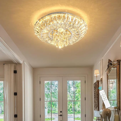 Crystal Chandelier 25W Modern Round Ceiling Light Fixture LED Raindrop Chandeliers Dimmable with Remote for Dining Room Living Room Entryway Hallway Bedroom Silver