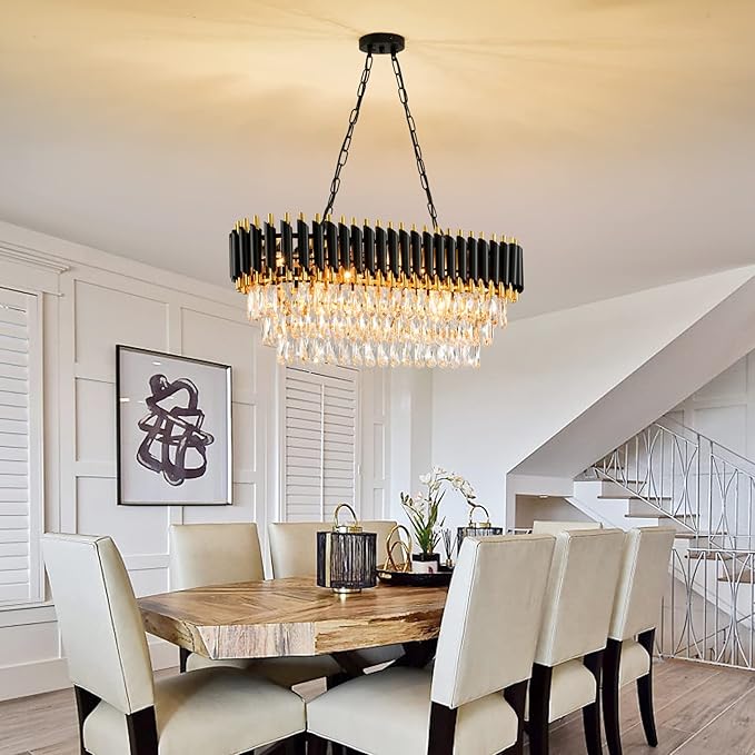 Modern Crystal Chandeliers for Dining Room 8-Light Black and Gold Chandelier Living Room Oval Contemporary Ceiling Hanging Light Pendant Light Fixture for Kitchen Island Bar L32 inch