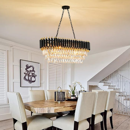 Modern Crystal Chandeliers for Dining Room Black and Gold Chandelier Living Room 8-Light Pendant Light Fixture Oval Contemporary Ceiling Hanging Light for Kitchen Island Bar L32 inch