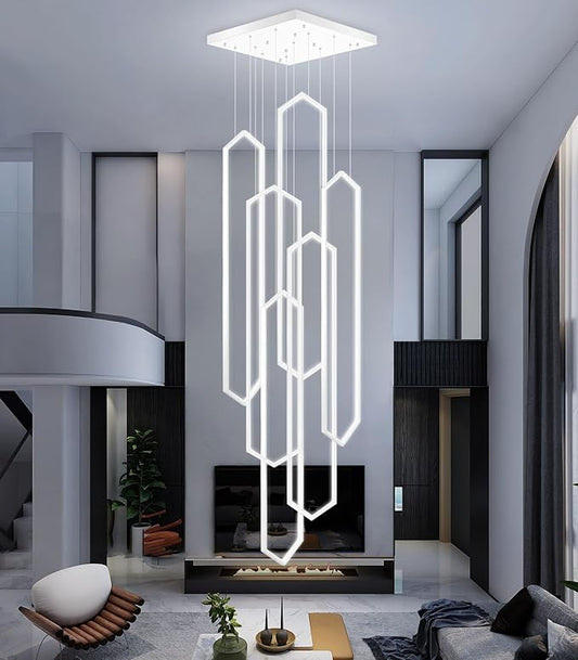 6-Rings Modern Chandelier White Large Contemporary LED Dimmable Light for Living Room Entrance High Ceiling Chandeliers with Remote Control for Villa Foyer