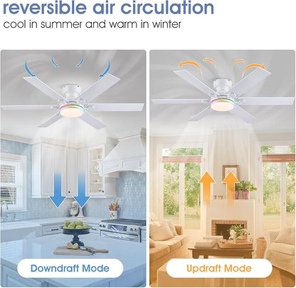 52" RGB Ceiling Fans with Lights and Remote,White Low Profile Ceiling Fans with Quiet Reversible DC Motor, Modern Flush Mount Fans Light for Kids Room Bedroom