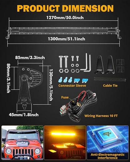 Auxbeam 50Inch LED Straight Light Bar, 6 Modes Amber White Strobe Light, 288W Dual Color Spot Flood Combo Offroad Fog Driving Light Waterproof with Memory Function for Truck Boat Jeep Pickup