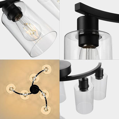 CNRATYE 6-Light Modern Farmhouse Black Chandelier, Contemporary Dining Room Light Fixture, Adjustable Height Hanging Industrial Pendant Lights Kitchen Island, Clear Glass Shade