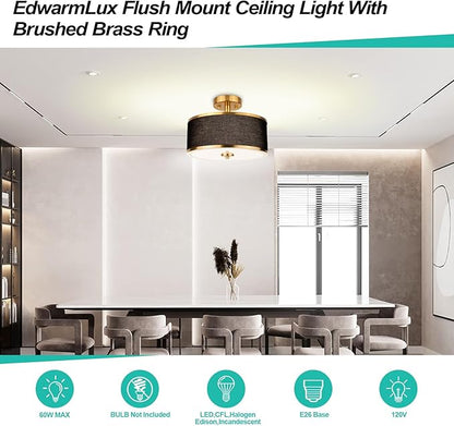 Edwarmlux 3-Light Semi Flush Mount Ceiling Light Fixture, 12.6" Gold Drum Light with Black Fabric Shade, Modern Close to Ceiling Light for Living Room Bedroom Dining Room Kitchen Hallway Entry Foyer