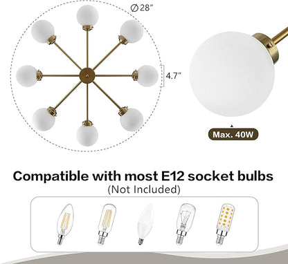 WINGBO 8-Light Sputnik Chandelier, Modern Pendant Light Fixture with 4.7" Opal White Glass Globe Shade for Flat and Slop Ceiling, Height Adjustable for Kitchen Living Room Dining Room Bedroom, Gold