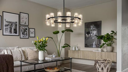 24 Inch Black Crystal Wagon Wheel Chandelier, Modern Farmhouse Round 24-Lights Pendant Lighting Fixture, for High Ceilings Living Room, Bedroom, Foyer