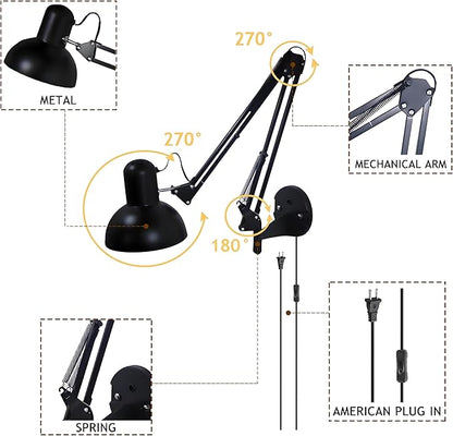 Black Industrial Swing Arm Wall Light Nordic Adjustable Long Arm Wall Sconces Lamp Metal Double-arms Folding Architect Work Wall Mount Lighting for Bedroom Reading Living Room