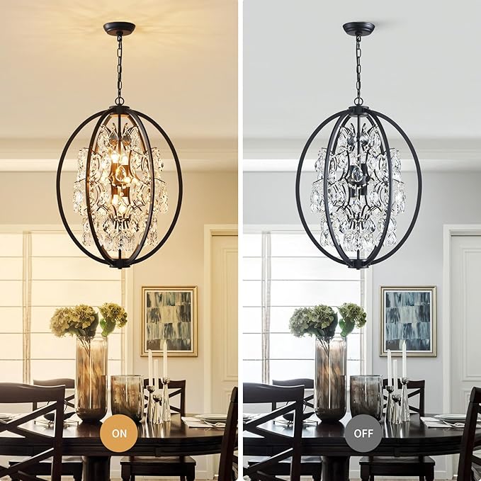 WUZUPS Globe Crystal Chandelier Raindrop Pendant Flushmount Ceiling Light Modern Lighting Fixture for Bedroom Hallway Bar Kitchen Bathroom, H 23.6" x W 19.7", Black, 8 E12 Base