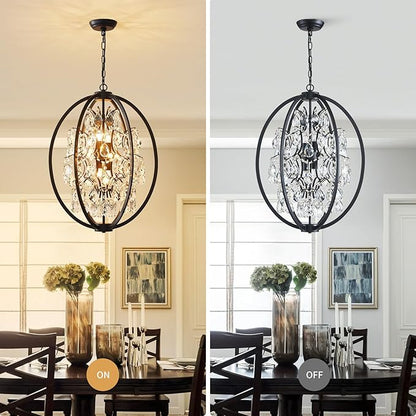 WUZUPS Globe Crystal Chandelier Raindrop Pendant Flushmount Ceiling Light Modern Lighting Fixture for Bedroom Hallway Bar Kitchen Bathroom, H 23.6" x W 19.7", Black, 8 E12 Base
