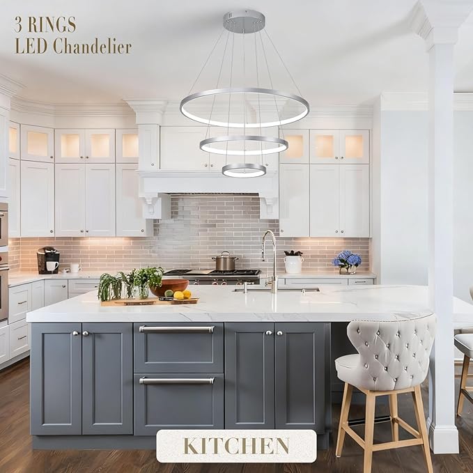 Modern Silver LED Chandeliers 3 Rings Chandelier 23.6" Dimmable LED Pendant Light Fixture Remote Control Contemporary Flush Mount Chandelier for Dining Room Bedroom Foyer, 3000-6500K