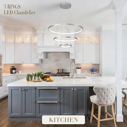 Modern Silver LED Chandeliers 3 Rings Chandelier 23.6" Dimmable LED Pendant Light Fixture Remote Control Contemporary Flush Mount Chandelier for Dining Room Bedroom Foyer, 3000-6500K