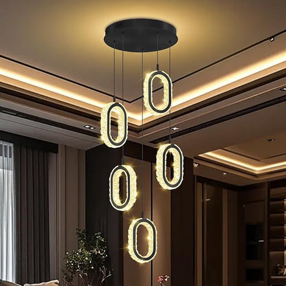 Crystal Rings Chandelier for Living Room, Dimmable Led Black Crystal Ring Chandelier High Ceiling 5-Light Oval Ring Pendant Light for Dining,Hallway, Entryway,Bedroom