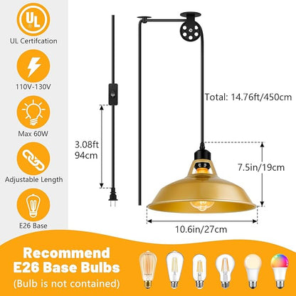 Lomoky Plug in Pendant Light, Vintage Hanging Lamps with Gold Barn Shade Pendant Lighting with 14.76ft Cord On/Off Switch, Adjustable Pulley Hanging Lights for Kitchen, Bedroom, Living Room (1 Pack)