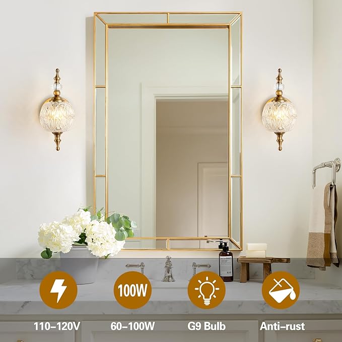 Vintage Bathroom Wall Sconces, 1-Light Wall Light Fixtures with Crystal Glass Shade Retro Bathroom Vanity Light Fixtures for Bedroom Living Room Farmhouse Dinning Room