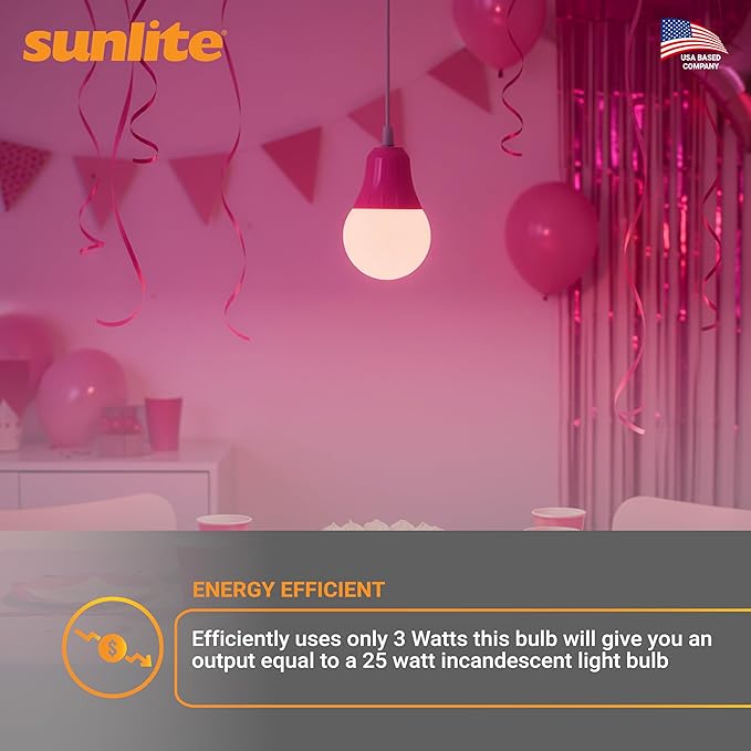 Sunlite 80168 LED A19 Colored Light Bulb, 3 Watts (25w Equivalent), E26 Medium Base, Non-Dimmable, UL Listed, Party Decoration, Holiday Lighting, 1 Count, Pink