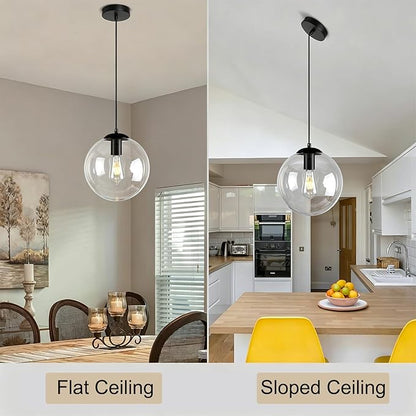 Modern Globe Pendant Light, 10" Mid Century Chandelier, Black Hanging Lights Fixtures with Clear Glass for Kitchen Island Dining Room Bedroom Hallway Foyer, Adjustable Height