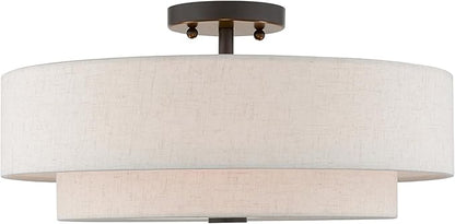 Livex Lighting 51085-92 4-Light Semi Flush Mount Ceiling Fixture with Oatmeal Color Fabric Hardback Drum Shade and Satin White Diffuser, English Bronze