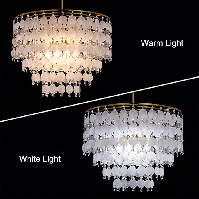 TOCHIC Natural Capiz Shell Chandelier, 6-Light Gold Modern Coastal Chandelier Light Fixture for Dining Room, Hanging Boho Round Beach Shell Pendant Light for Living Room, Bedroom, Kitchen, Foyer, 24"W