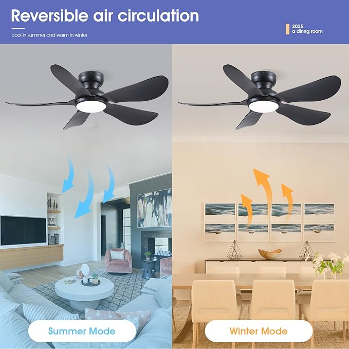 Kviflon 46 Inch Modern Ceiling Fans with Lights, Flush Mount Ceiling Fan with Light and Remote/APP Control, 5 Reversible 6 Speeds Curved Blades, 3 CCT Dimmable Lights for Bedroom, Black