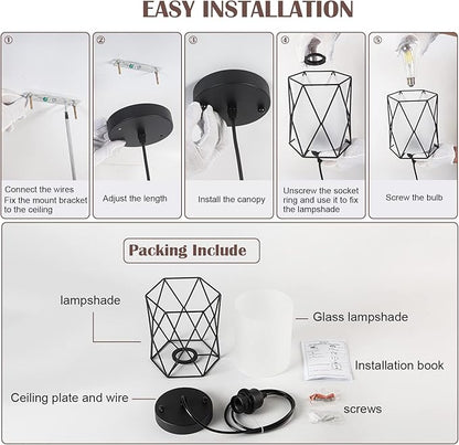 Over Sink Pendant Light with Frosted Glass Black Cage Industrial Hanging Lighting Adjustable Cord for Kitchen Island Dining Table