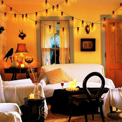 Abeja 25Ft C7 Orange String Lights with 27 Clear Orange Bulbs (2 Spare) - Vintage Halloween String Lights on Black Wire for Patio, Party & Spooky Decor